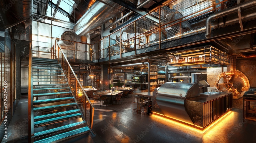 Fototapeta premium A dramatic industrial interior with a glowing staircase leading to an advanced workspace, filled with cool blue and metallic tones.