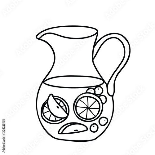 Sangria Cocktail Jug or Pitcher. Summer refreshment beverage with Orange and various Fruits and berries. Hand drawn vector illustration of Spanish drink in Doodle style isolated on white background.