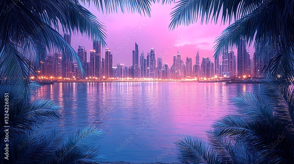 Obraz premium Coastal Cityscape Sunset Palms