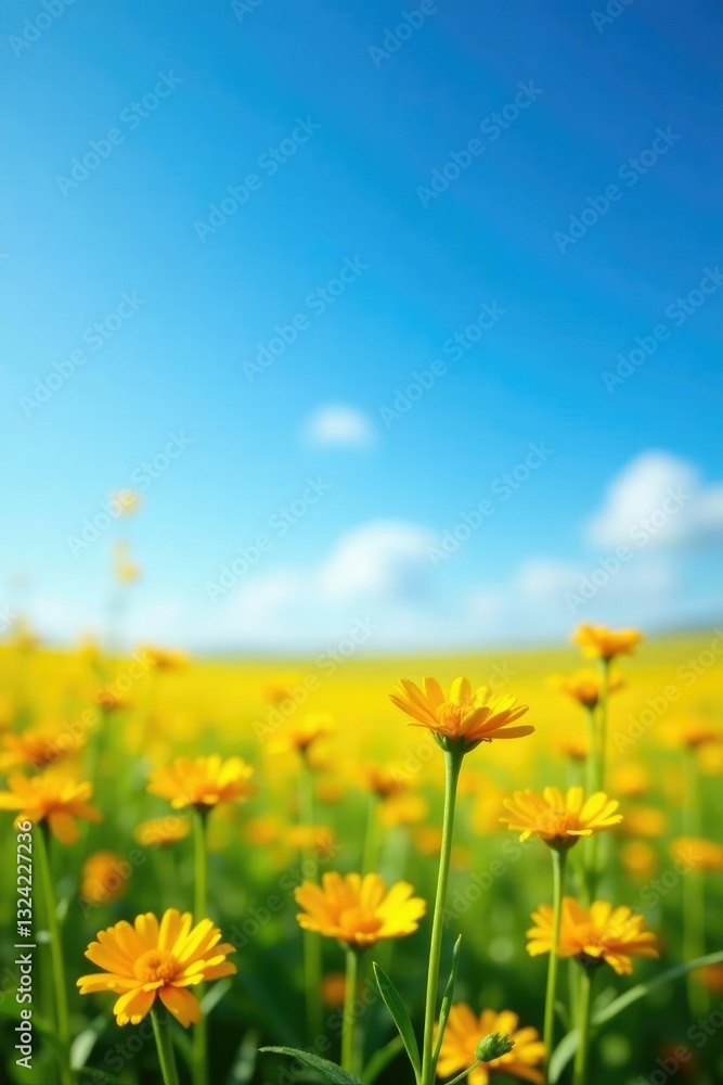 Field of yellow calendula flowers against a blue sky, yellow, landscape, petals Field of yellow calendula flowers against a blue sky, yellow, landscape, petals
