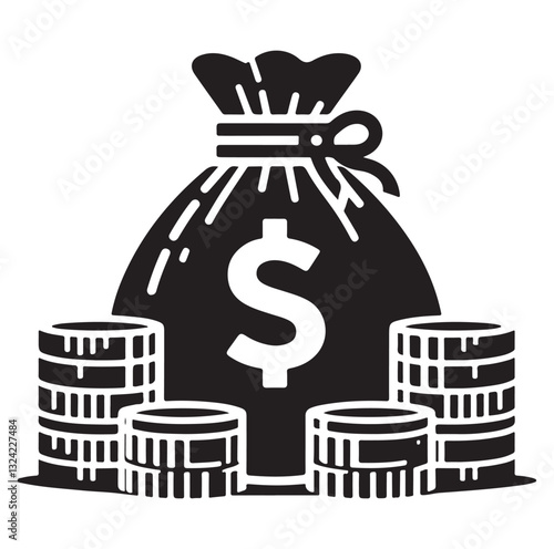 Money bag or stash of money flat icon silhouette vector icon on white background.