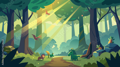An enchanted forest where sunbeams filter through the canopy and magical creatures frolic a the trees.. Vector illustration