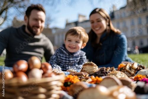 A joyful family picnic scene featuring a smiling child surrounded by a variety of homemade baked goods and treats, perfect for outdoor gatherings and special occasions.