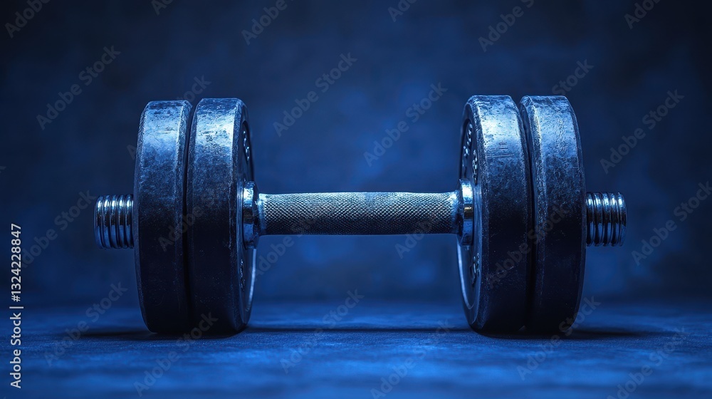 Fototapeta premium A heavy dumbbell, a symbol of power and determination, stood proudly against a deep sapphire backdrop, its presence exuding strength and fitness.