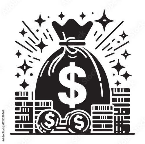 Money bag or stash of money flat icon silhouette vector icon on white background.