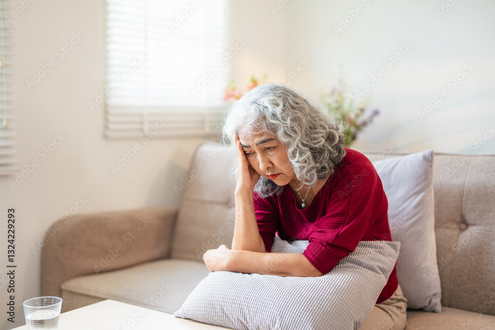 Unhappy Retired Senior Woman holding her head with pain expression . Face of senior woman suffering from headache Unhappy Retired Senior Woman holding her head with pain expression . Face of senior woman suffering from headache