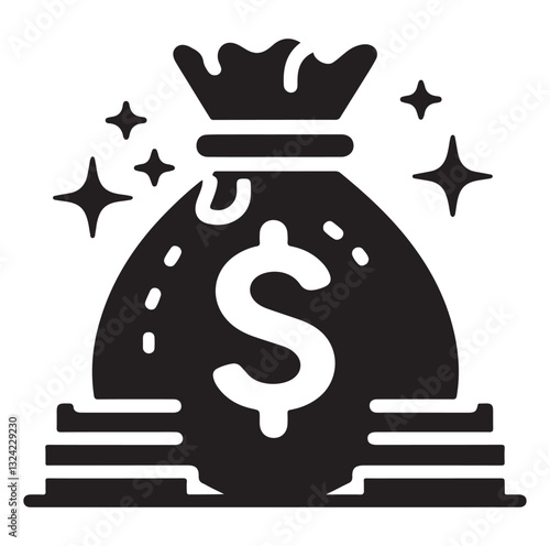 Money bag or stash of money flat icon silhouette vector icon on white background.
