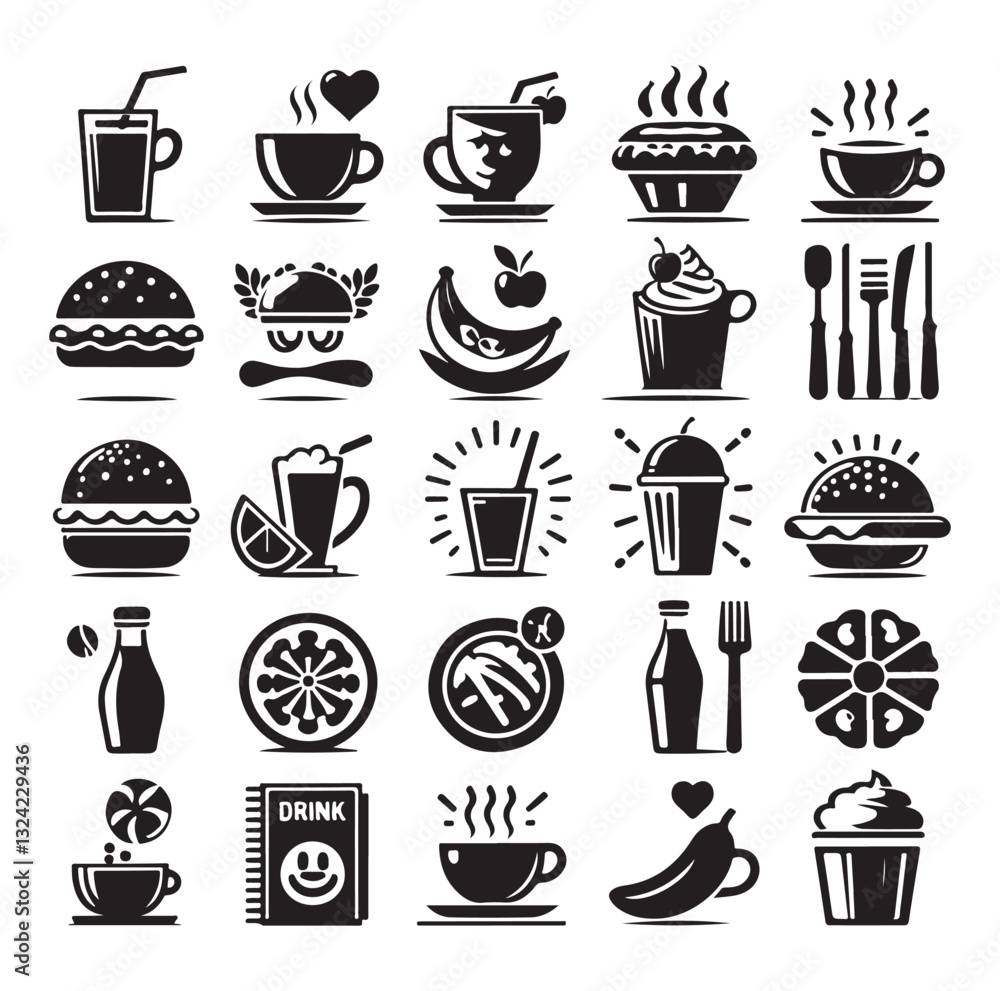 Silhouette icon set of cafe icons, restaurant icon, food and drink icon vector style on white background. Silhouette icon set of cafe icons, restaurant icon, food and drink icon vector style on white background.