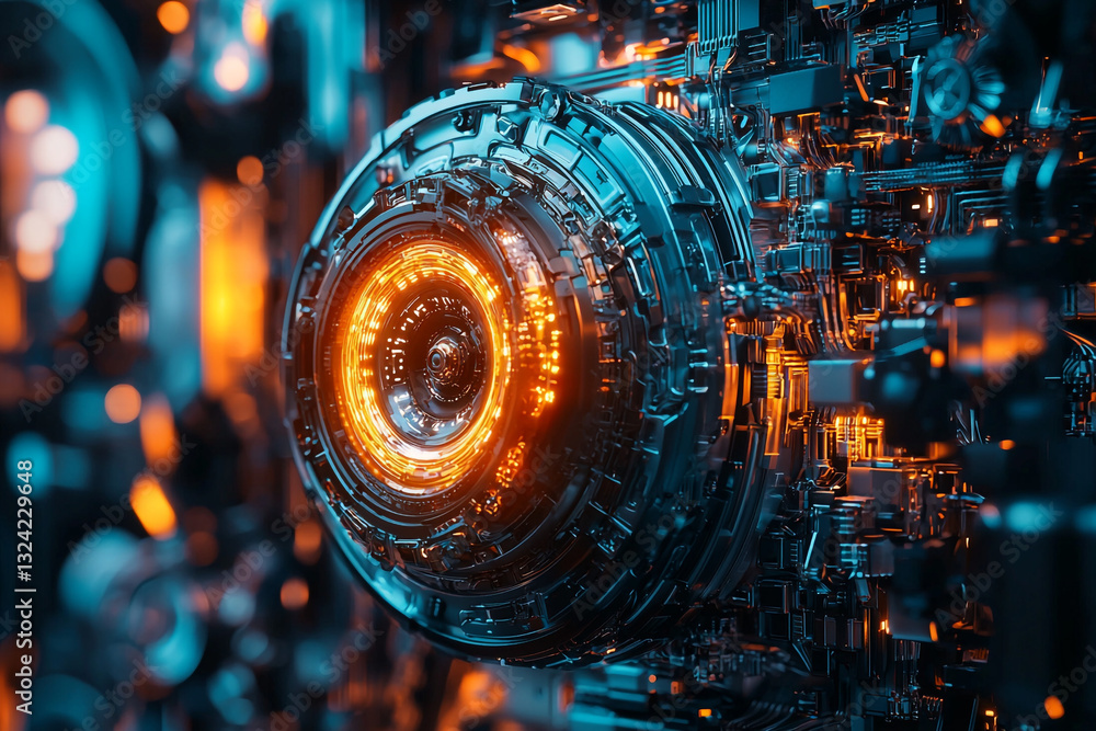 Abstract futuristic technology glowing orange and blue mechanical design 3d gear dark power metal Abstract futuristic technology glowing orange and blue mechanical design 3d gear dark power metal