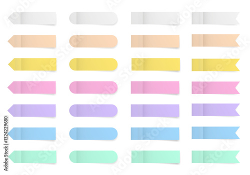 Set of long thin paper stickers. Pointed bookmarks. Stick in notes. Pastel shades of green, purple, blue, white, yellow, beige and pink. Multicolor post it notes. Rounded tags, sticky note.