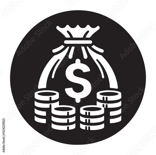 Money bag or stash of money flat icon silhouette vector icon on white background.