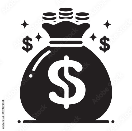 Money bag or stash of money flat icon silhouette vector icon on white background.