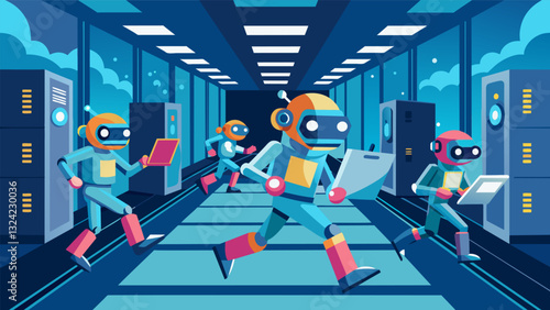 Hightech robots scurrying about inputting and processing data at breakneck speed in a massive heavily secured data factory.. Vector illustration