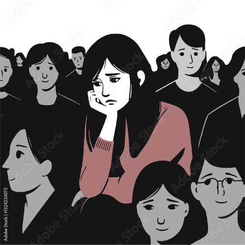 Unhappy young woman in crowd feel lonely abandoned in society. Upset sad girl suffer from loneliness. Depression and apathy concept. Emotional burnout. 