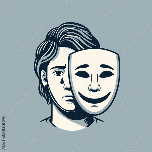 A person with a sad expression and a tear holds a smiling theatrical mask in front of their face.