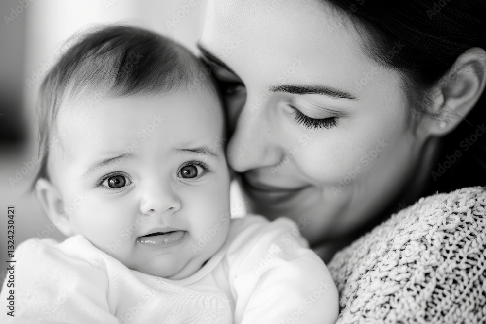 A heartwarming black and white portrait of a mother lovingly embracing her baby, capturing the essence of tenderness and the bond of family amidst pure emotion. A heartwarming black and white portrait of a mother lovingly embracing her baby, capturing the essence of tenderness and the bond of family amidst pure emotion.