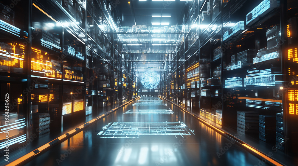 Futuristic Warehouse With Autonomous Robots and Data Analytics Futuristic Warehouse With Autonomous Robots and Data Analytics