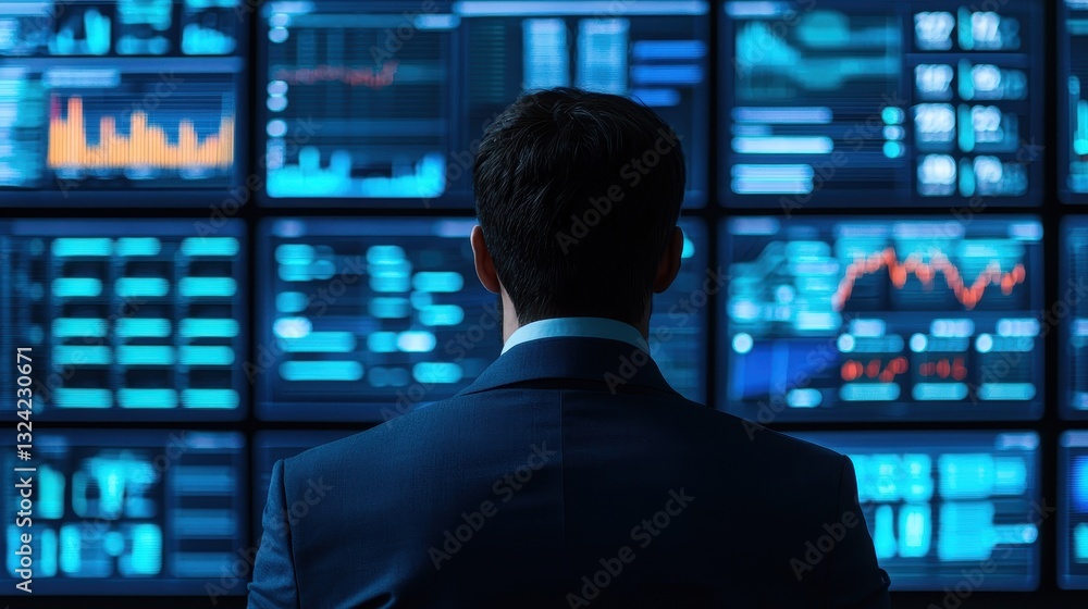 A businessman analyzes data on multiple screens, showcasing graphs and metrics in a modern office environment. A businessman analyzes data on multiple screens, showcasing graphs and metrics in a modern office environment.
