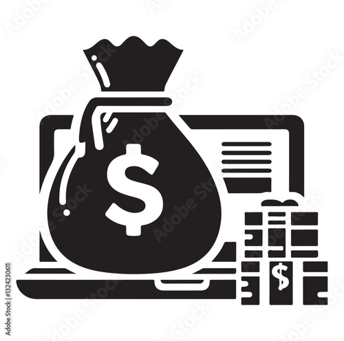 Money bag or stash of money flat icon silhouette vector icon on white background.