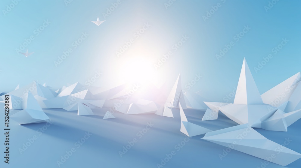 Obraz premium Serene Origami Birds in Flight Low Poly Landscape with Shining Light