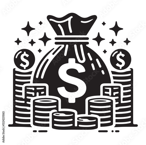 Money bag or stash of money flat icon silhouette vector icon on white background.