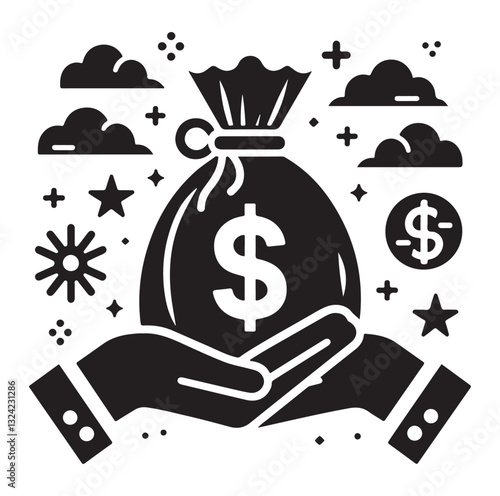 Money bag or stash of money flat icon silhouette vector icon on white background.