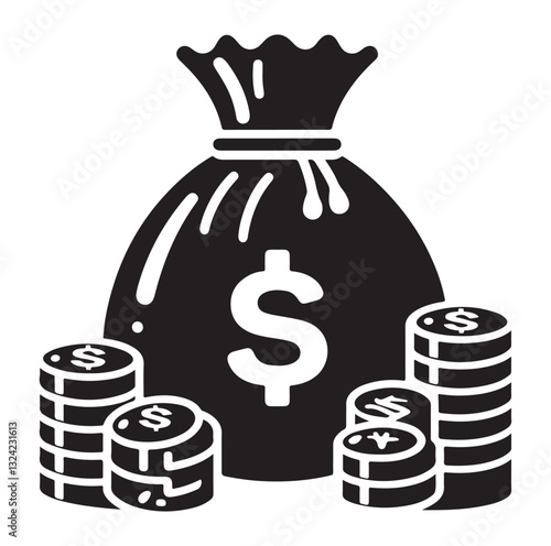 Money bag or stash of money flat icon silhouette vector icon on white background.