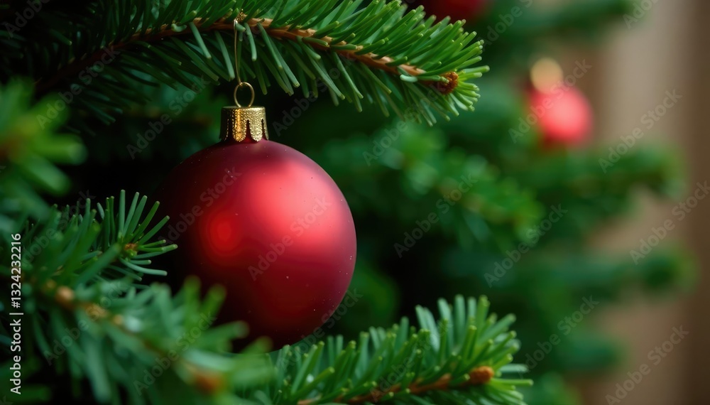 Red spherical ornament nestled among lush greenery on a Christmas tree, tree, decoration, lush Red spherical ornament nestled among lush greenery on a Christmas tree, tree, decoration, lush