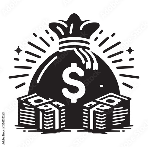 Money bag or stash of money flat icon silhouette vector icon on white background.