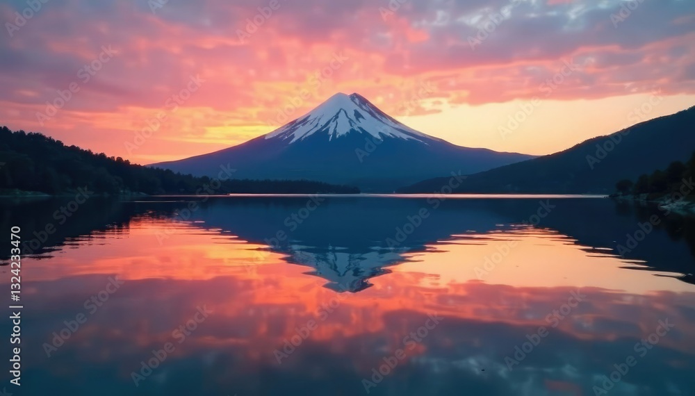 Reflection of volcano on serene lake surface at dawn, natural, sky, reflection Reflection of volcano on serene lake surface at dawn, natural, sky, reflection