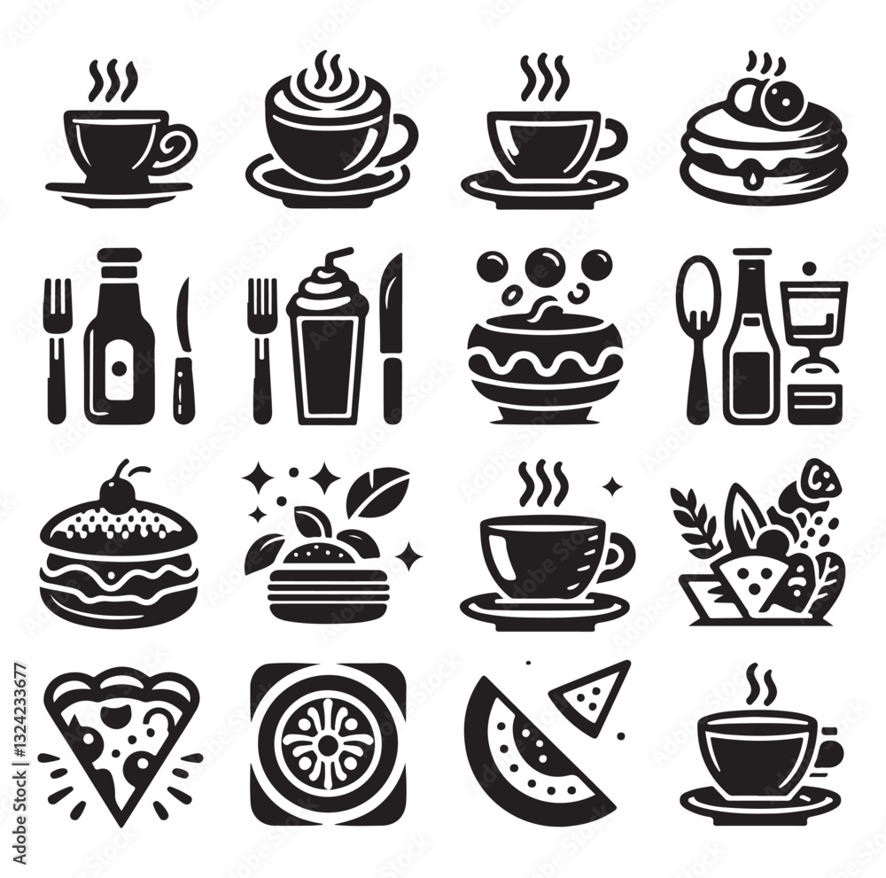 Silhouette icon set of cafe icons, restaurant icon, food and drink icon vector style on white background. Silhouette icon set of cafe icons, restaurant icon, food and drink icon vector style on white background.