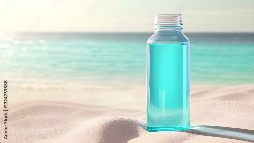 A clear bottle filled with turquoise liquid resting on sandy beach dunes with a tranquil ocean background. Concept Bottle Aesthetics, Turquoise Liquid, Beach Dunes, Ocean Serenity, Nature Photography A clear bottle filled with turquoise liquid resting on sandy beach dunes with a tranquil ocean background. Concept Bottle Aesthetics, Turquoise Liquid, Beach Dunes, Ocean Serenity, Nature Photography