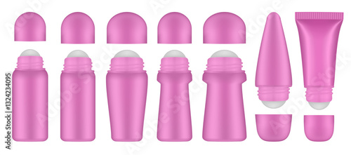 Set of pink roller ball bottles. Body antiperspirant deodorant roll-on, open blank bottles with screw cap. Realistic vector mockup. Roller Applicator	