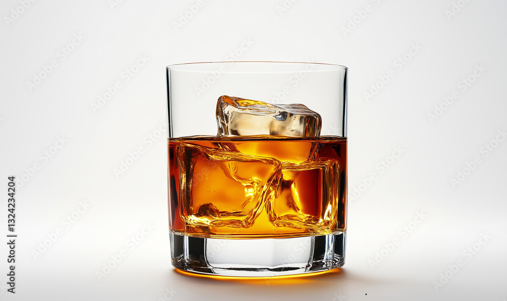 Glass of scotch whiskey and ice on a white background Glass of scotch whiskey and ice on a white background