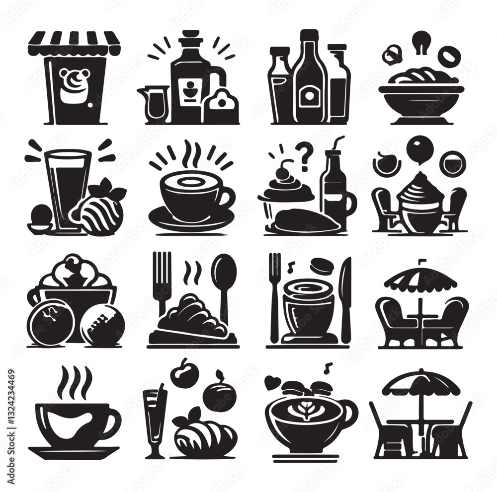 Silhouette icon set of cafe icons, restaurant icon, food and drink icon vector style on white background. Silhouette icon set of cafe icons, restaurant icon, food and drink icon vector style on white background.