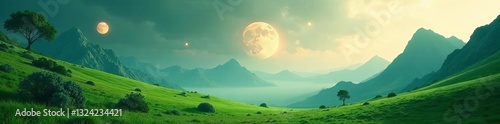 Lush green alien landscape with ethereal mist and multiple moons hovering in the sky, alien, nature, sky