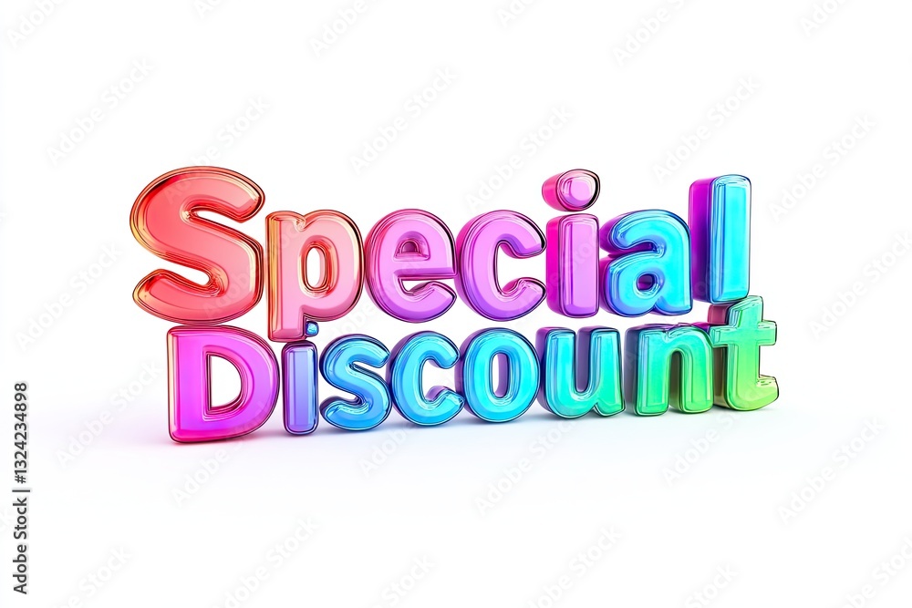 3D text Special Discount in metallic liquid vibrant color gradients glossy finish metallic reflections isolated on a white