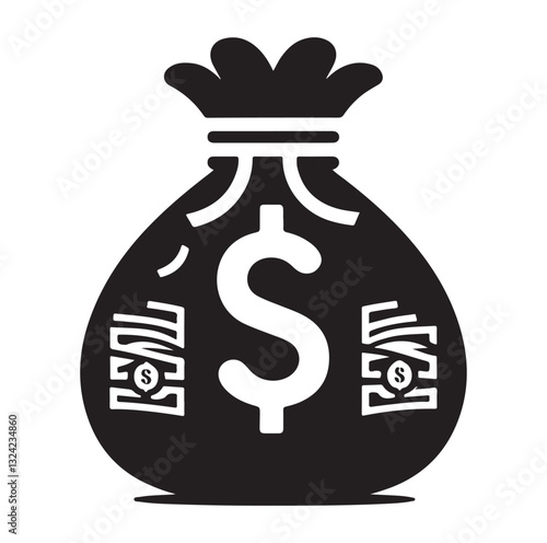 Money bag or stash of money flat icon silhouette vector icon on white background.