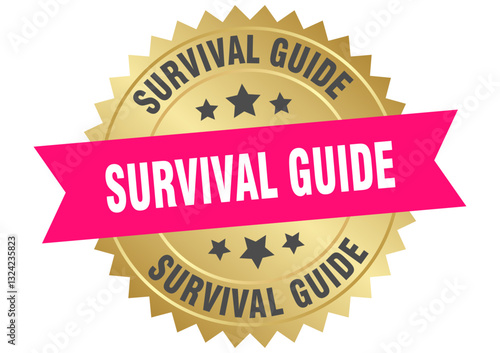 survival guide. survival guide round pink and gold label isolated on transparent background
