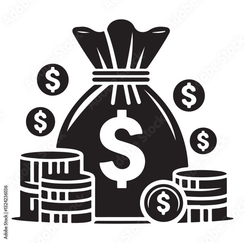 Money bag or stash of money flat icon silhouette vector icon on white background.