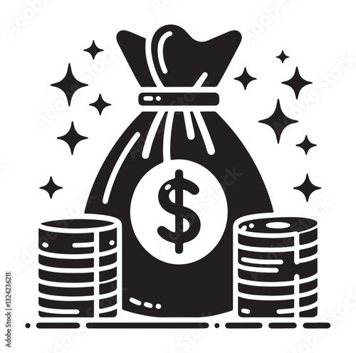 Money bag or stash of money flat icon silhouette vector icon on white background.