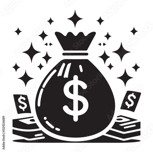 Money bag or stash of money flat icon silhouette vector icon on white background.