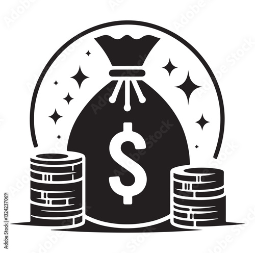 Money bag or stash of money flat icon silhouette vector icon on white background.