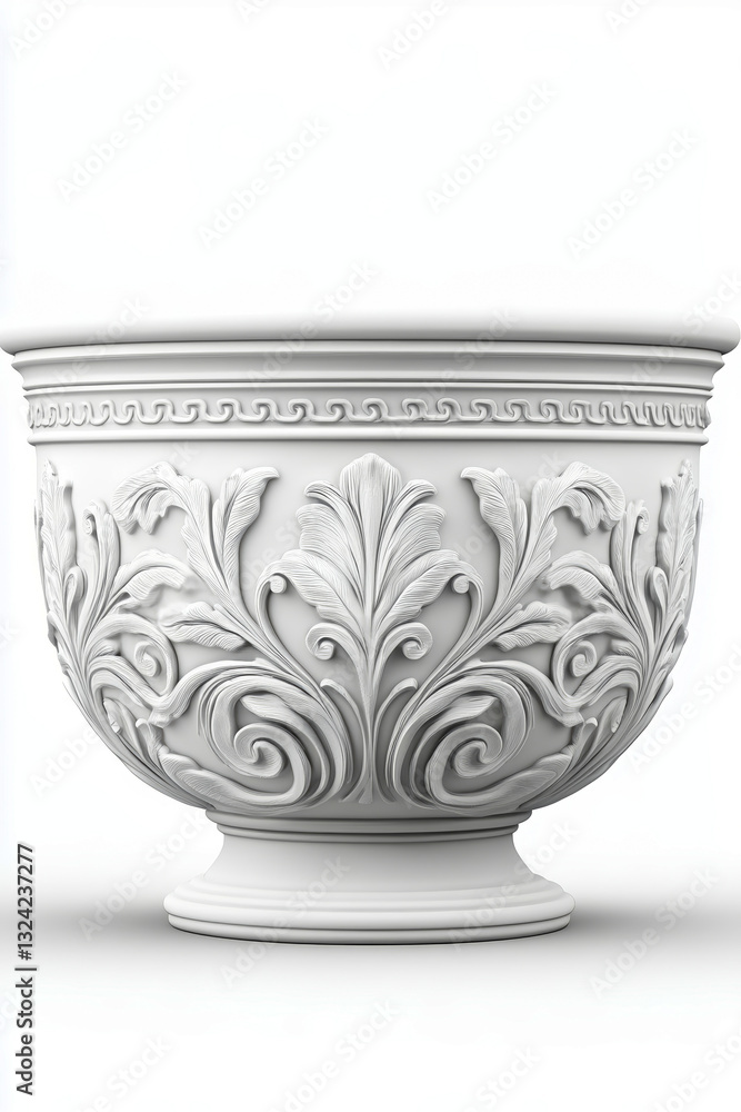 A white vase with a decorative design on it A white vase with a decorative design on it