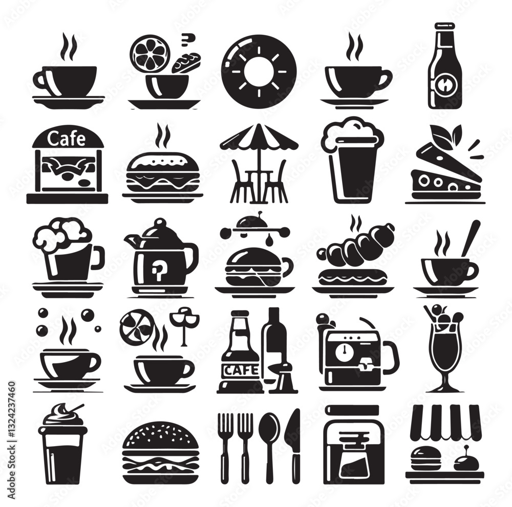 Silhouette icon set of cafe icons, restaurant icon, food and drink icon vector style on white background.
