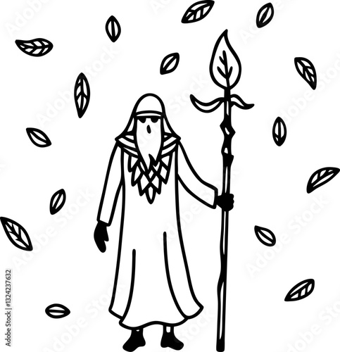 Wizard with staff amidst falling leaves, magic and fantasy theme