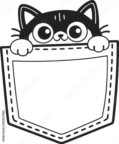 cat peeking from pocket cute black and white illustration, playful kitten design
