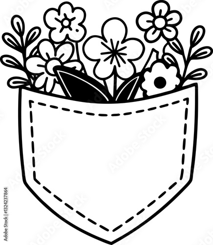 Floral pocket design with various flowers and leaves in black and white illustration