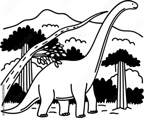 dinosaur in prehistoric forest long necked sauropod among trees and mountains, black and white