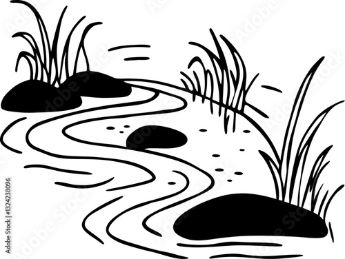 Black and white river illustration with rocks and grass, simplistic nature design